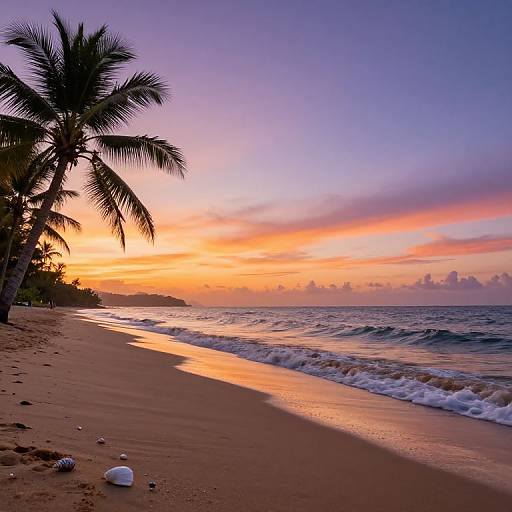 Sundown on Tropical Beach with Palm Trees