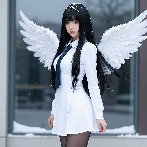 Digital art of an anime-style girl with long black hair, white angel wings, red lipstick, white dress, black tie, and black stockings, standing