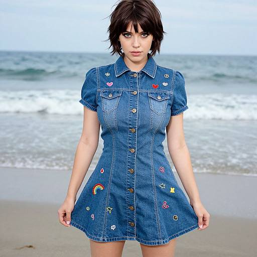 Digital photograph of a young woman with short black hair, wearing a blue denim dress adorned with colorful embroidery, standing on a beach with waves in the background
