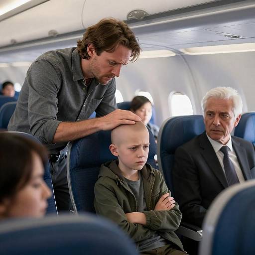 Concerned Man Comforting Distressed Boy on Airplane
