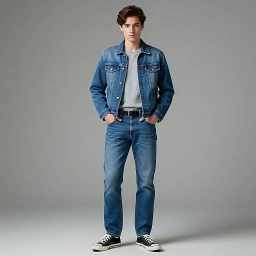 Photograph of a young man with short dark hair, wearing a blue denim jacket, white t-shirt, blue jeans, and black-and-white sneakers,