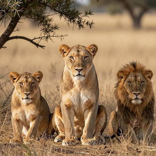 Three Lions in Sunlit Grass