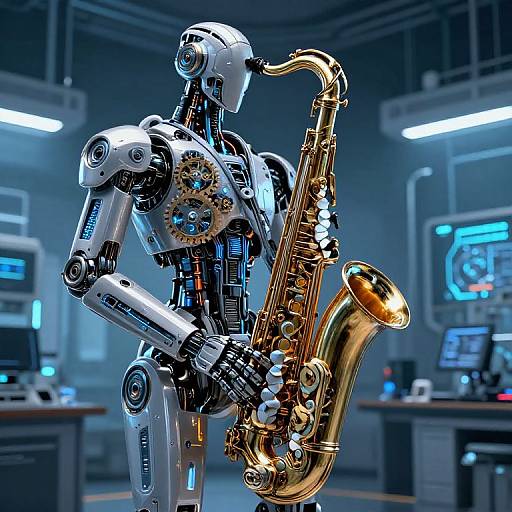 Photorealistic CGI of a metallic robot playing a golden saxophone in a futuristic, dimly lit control room with blue-lit monitors.