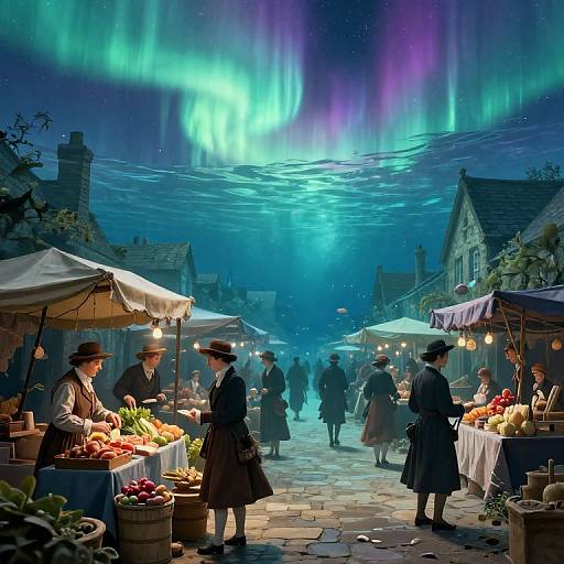 Digital artwork of a nighttime market under vibrant aurora borealis, featuring vendors in Victorian attire selling fruits and vegetables under colorful market stalls.