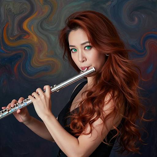 Photograph of a red-haired woman with green eyes playing a silver flute against a swirling, abstract, dark blue and orange background.