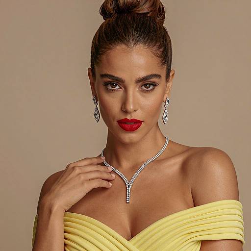 Photograph of a beautiful woman with dark hair in a bun, wearing a yellow off-shoulder dress, red lipstick, and diamond jewelry, against
