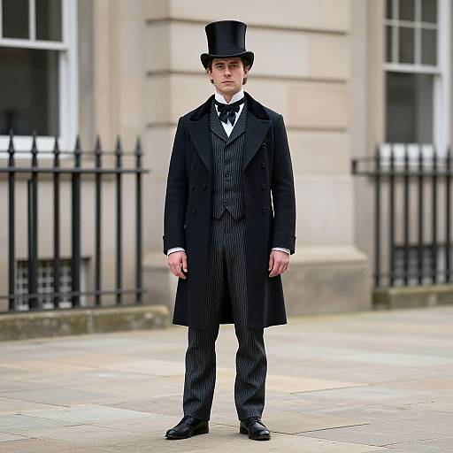 Photograph of a young man in Victorian attire: black top hat, long coat, pinstripe suit, white shirt, black bow tie, standing