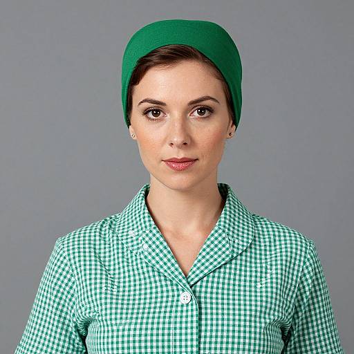 Photograph of a young woman with fair skin, brown eyes, and short dark hair covered by a green headscarf. She wears a green and