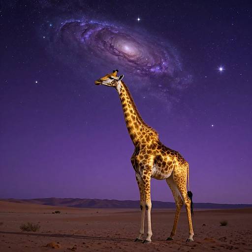 Photograph of a giraffe with yellow and brown spots standing in a desert under a night sky with a visible spiral galaxy.