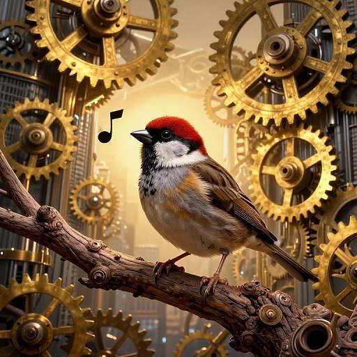 Photograph of a red-capped robin with a small music note above its head, perched on a wooden branch, surrounded by intricate golden gears.