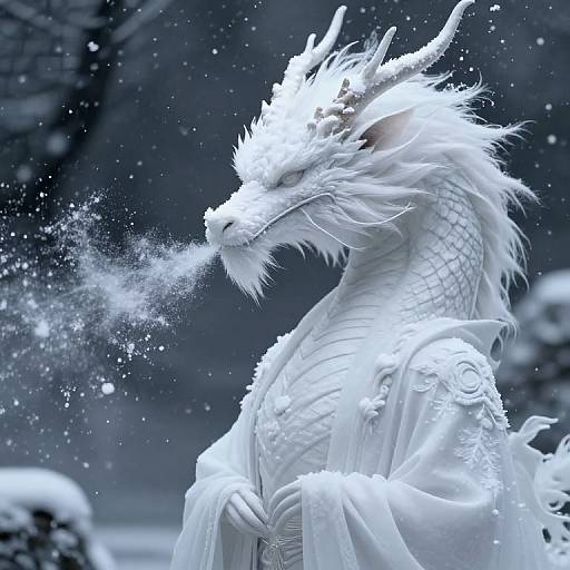 Digital painting of a snow-covered, white dragon with intricate scales, horns, and flowing mane, exhaling frosty breath into a snowy forest.