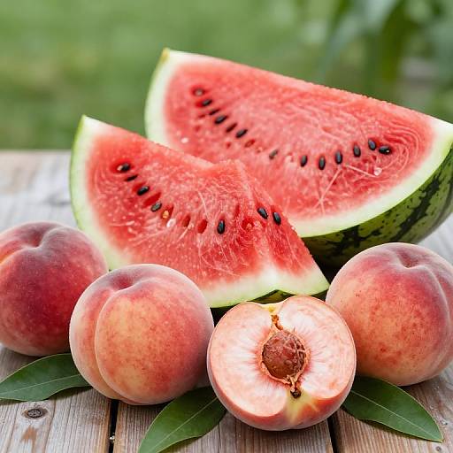 Fresh Watermelon and Peaches Still Life