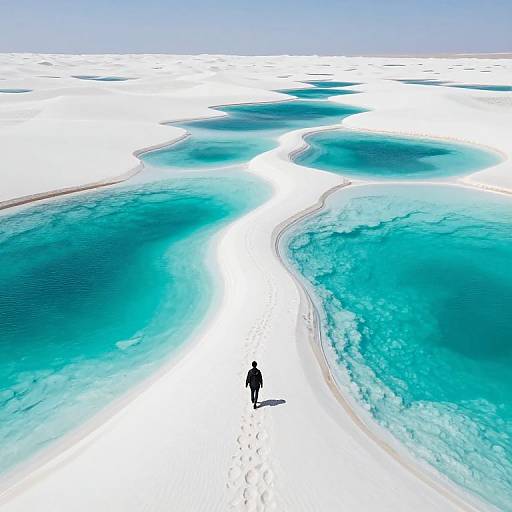 Photograph of a solitary figure walking through a vast, turquoise-blue and white salt flat landscape under a clear, bright sky.