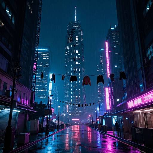Neon-lit, rainy urban street at night, with towering skyscrapers, vibrant blue and pink lights, wet pavement, and hanging traffic lights