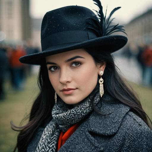 Woman in Black Feathered Hat and Scarf
