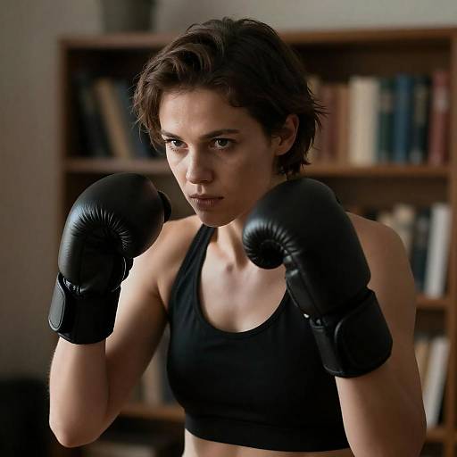 Focused Boxer Woman in Dim Room