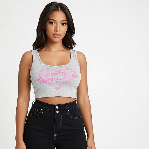 Photograph of a young woman with medium brown skin, shoulder-length black hair, wearing a white tank top with pink text and black high-waisted