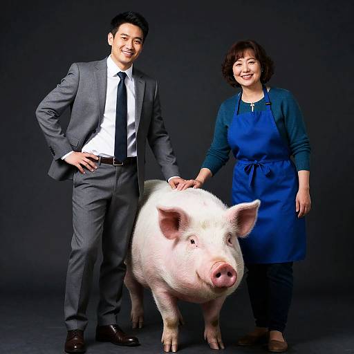 Smiling Man and Woman with Large White Pig