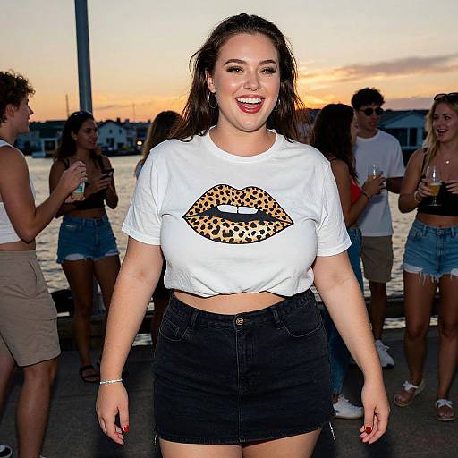Photograph of a smiling woman with long dark hair, wearing a white crop top with leopard print lips and black shorts, standing outdoors at sunset with a