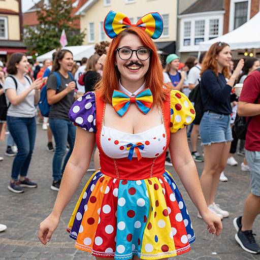 Photograph of a smiling red-haired woman with glasses and a mustache, wearing a colorful polka-dot clown dress and bow, at a lively outdoor
