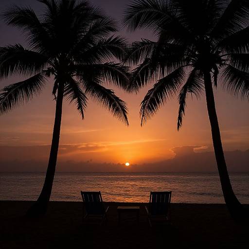 Tropical Beach Sunset with Palms and Chairs