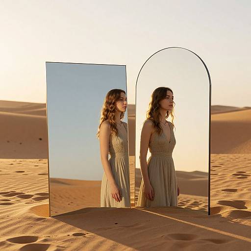 Photograph of a woman with wavy brown hair, wearing a beige dress, standing in a desert, reflected in a mirror and framed by an arch