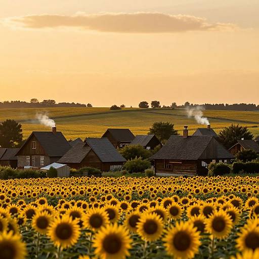 Photograph of a sunlit sunflower field at sunset, with rustic wooden houses emitting smoke in the background, and rolling hills under a golden sky.