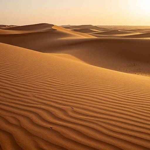 Photograph of a golden desert landscape at sunset, showing rippled sand dunes with soft, warm light casting shadows.
