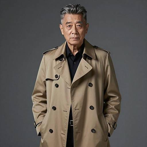 Photograph of an older Asian man with gray hair, wearing a tan double-breasted trench coat over a black shirt, standing against a dark gray background