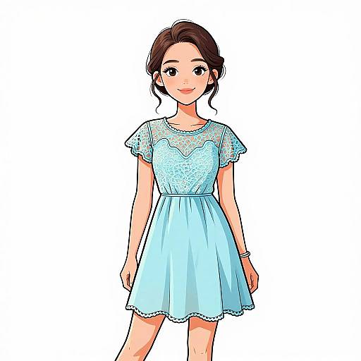 Digital anime-style drawing of a smiling young girl with brown hair, wearing a light blue lace-trimmed dress, standing against a white background.