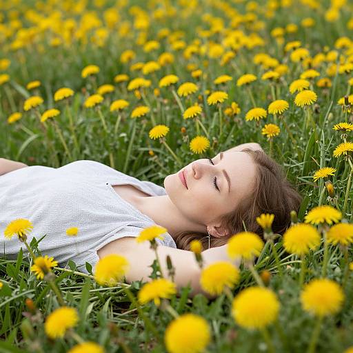 Young woman with brown hair, white sleeveless top, lying in a field of vibrant yellow dandelions, eyes closed, serene expression. Photographic