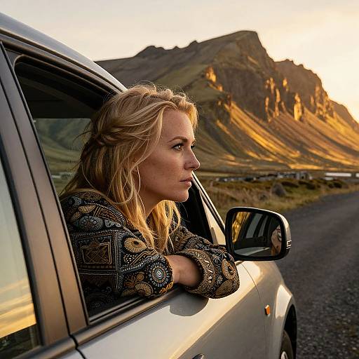 Photograph of a blonde woman with wavy hair, wearing a patterned jacket, leaning out of a white car window, gazing at sunlit