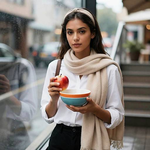 Young Woman with Colorful Bowl Behind Glass