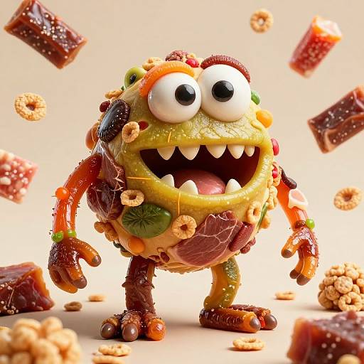 CGI cartoon monster made of candies and snacks, with giant eyes, sharp teeth, and colorful, textured body, surrounded by floating treats.