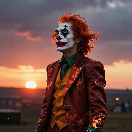 Photograph of a Joker-like figure in a red, crackled suit with white face paint and red hair, against a dramatic sunset sky.