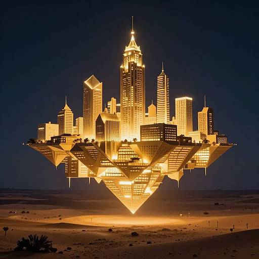 Photograph of a futuristic cityscape floating in the desert at night, illuminated by bright yellow lights, with tall skyscrapers and a central spire