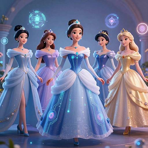 Digital CGI image of five princesses in glowing, neon-embellished ball gowns, standing in a grand, blue-lit hall with arch