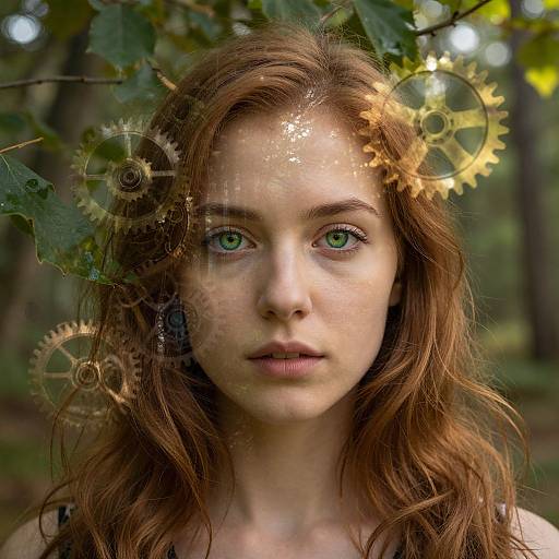 Photograph of a fair-skinned, green-eyed woman with wavy red hair, surrounded by golden gears and leaves, in a forest. Her expression