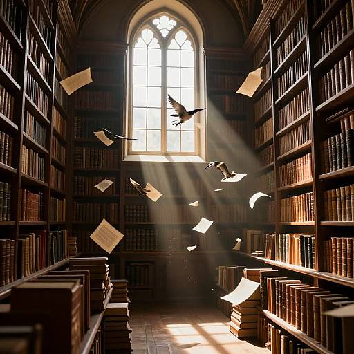 Photograph of a sunlit, medieval library with tall, arched windows, flying birds, and floating papers among dark wooden bookshelves.