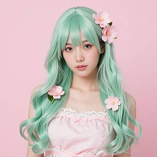 Digital portrait of an Asian woman with long, wavy mint-green hair, adorned with pink flowers, wearing a white lace dress, against a pink gradient