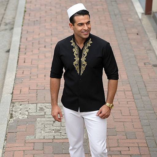 Photograph of a smiling young man with short black hair, wearing a white cap, black embroidered shirt, white pants, and gold watch, walking on