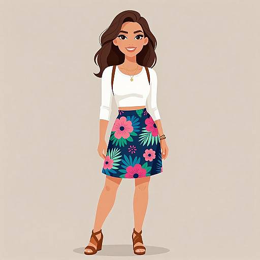 Cartoon-style illustration of a smiling woman with long brown hair, wearing a white long-sleeve top, floral blue skirt, brown sandals, and