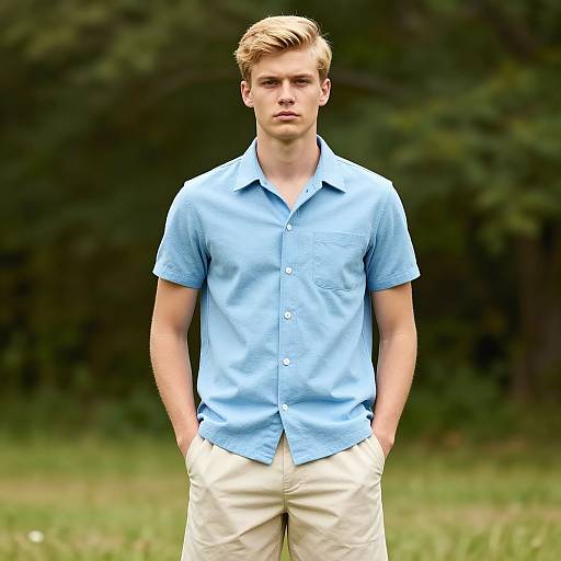 Photograph of a young, blonde, white man with blue eyes, wearing a light blue short-sleeved shirt and beige pants, standing outdoors with