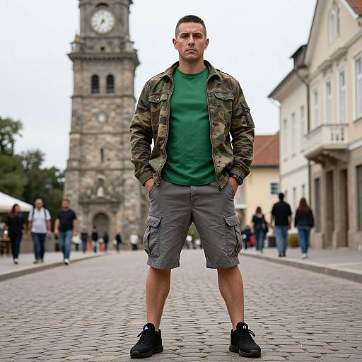 Confident Man on Cobblestone Street