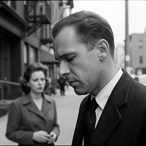 Black and white photograph of a serious, suited man with slicked-back hair, foreground; blurred, 1940s-dressed woman in background,