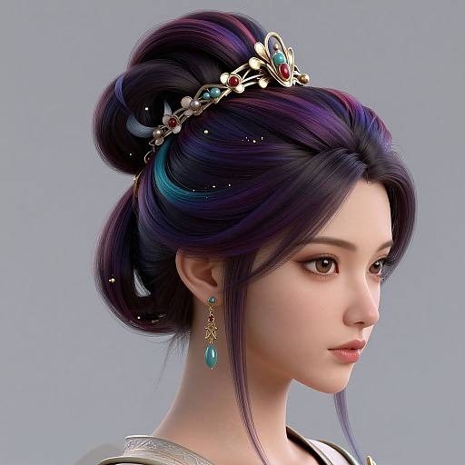 Digital portrait of an elegant Asian woman with dark purple updo, adorned with a jeweled tiara and turquoise earrings, set against a gray background.