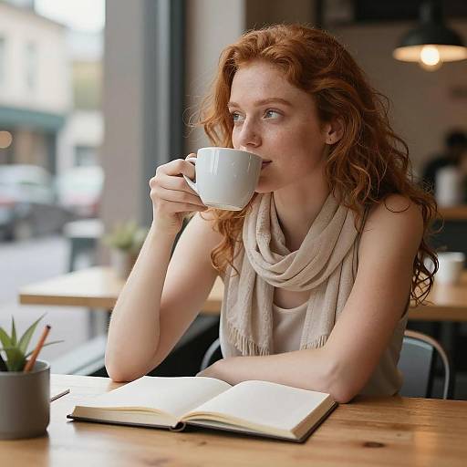 Red-haired Woman Drinking Coffee at Café