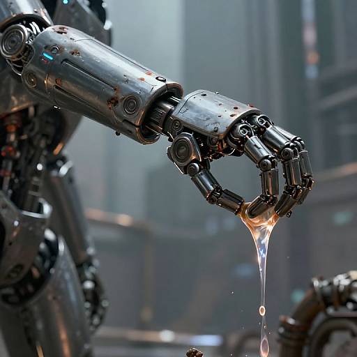 Photorealistic CGI of a metallic robotic arm with intricate joints, dripping water, set against a blurred urban industrial background.