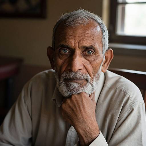 Photograph of an elderly man with gray hair and beard, wearing a white shirt, resting his chin on his hand, looking intently at the camera
