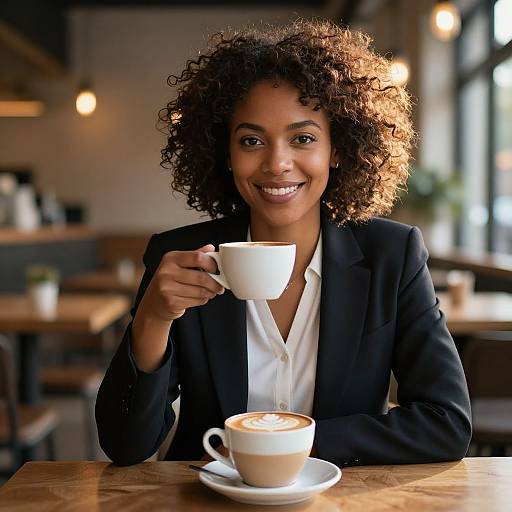 Photograph of a smiling Black woman with curly hair in a black blazer, holding a white coffee cup, seated at a wooden table in a cozy